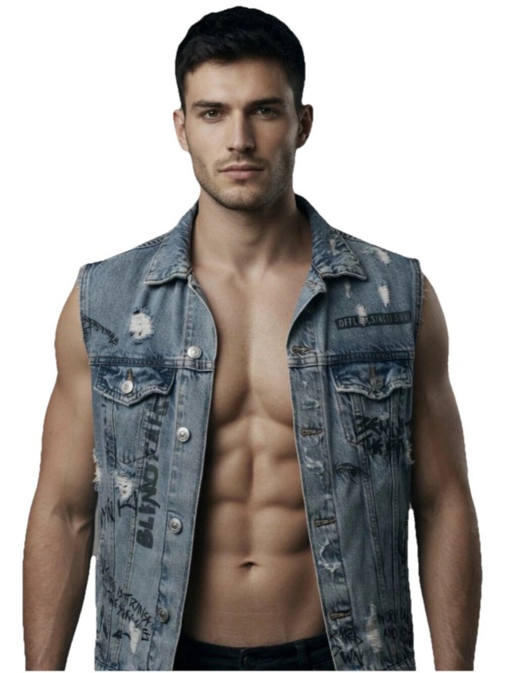 Zara Distressed Ripped Blue Denim Graffiti Jean Sleeveless Jacket Vest